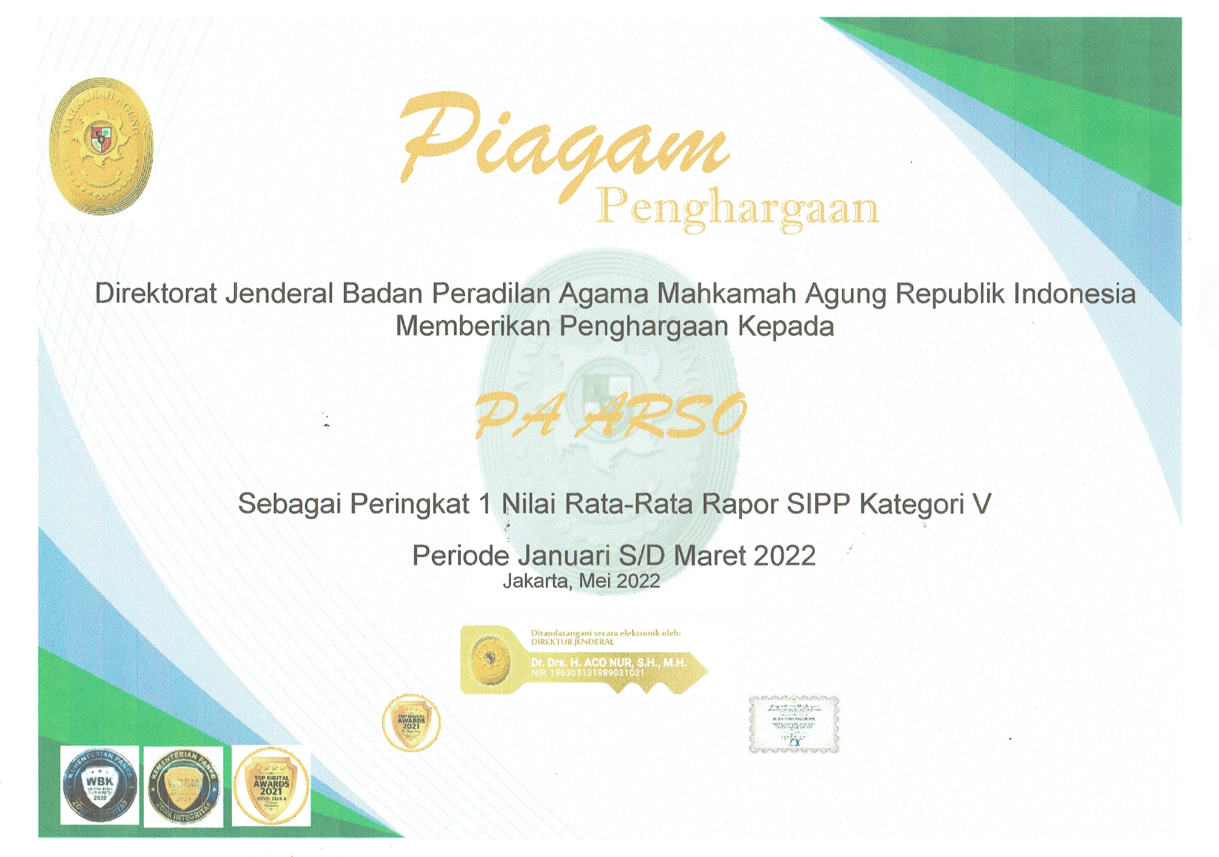 Piagam Penghargaan Peringkat 1 Nilai Rata Rapor SIPP page 0001